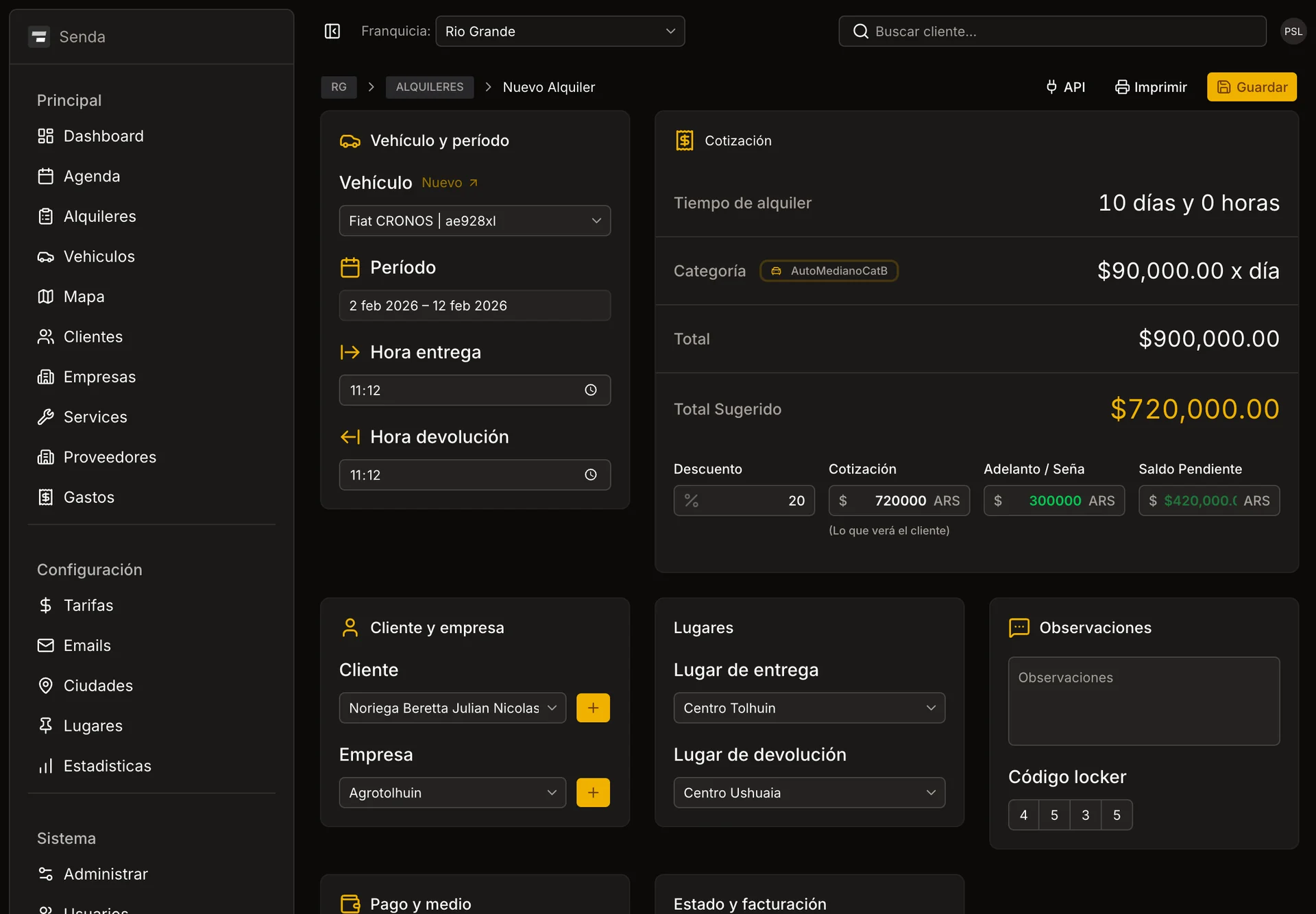 Agenda de CarRent en iPad